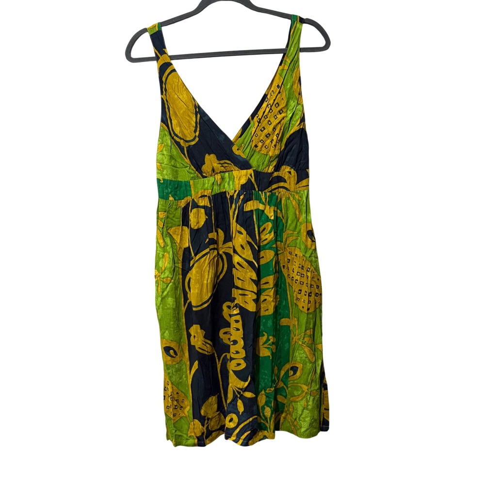 Jams World Dress Women Large Green Pineapple Patch‎ Rayon V-Neck Tropical Midi